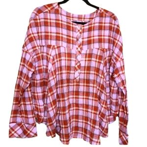 Free People Size X-Small Bohemian Oversized Red Pink Plaid Blouse NWT Casual